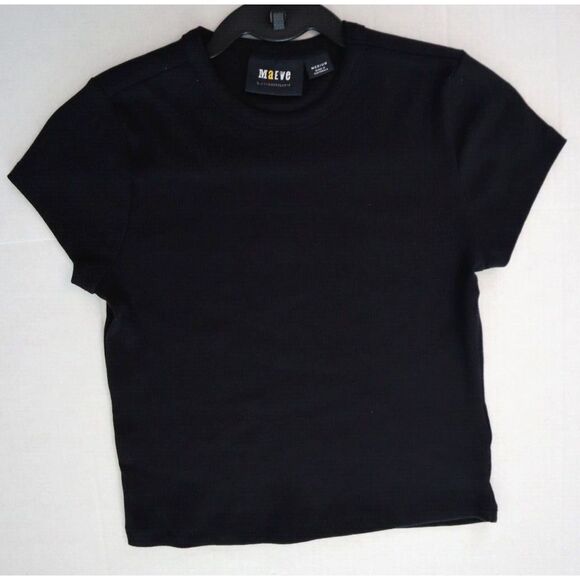 Maeve x Anthropologie Women's Sz M Black Ribbed Knit Stretch Crew Neck S/S Top - Picture 1 of 5